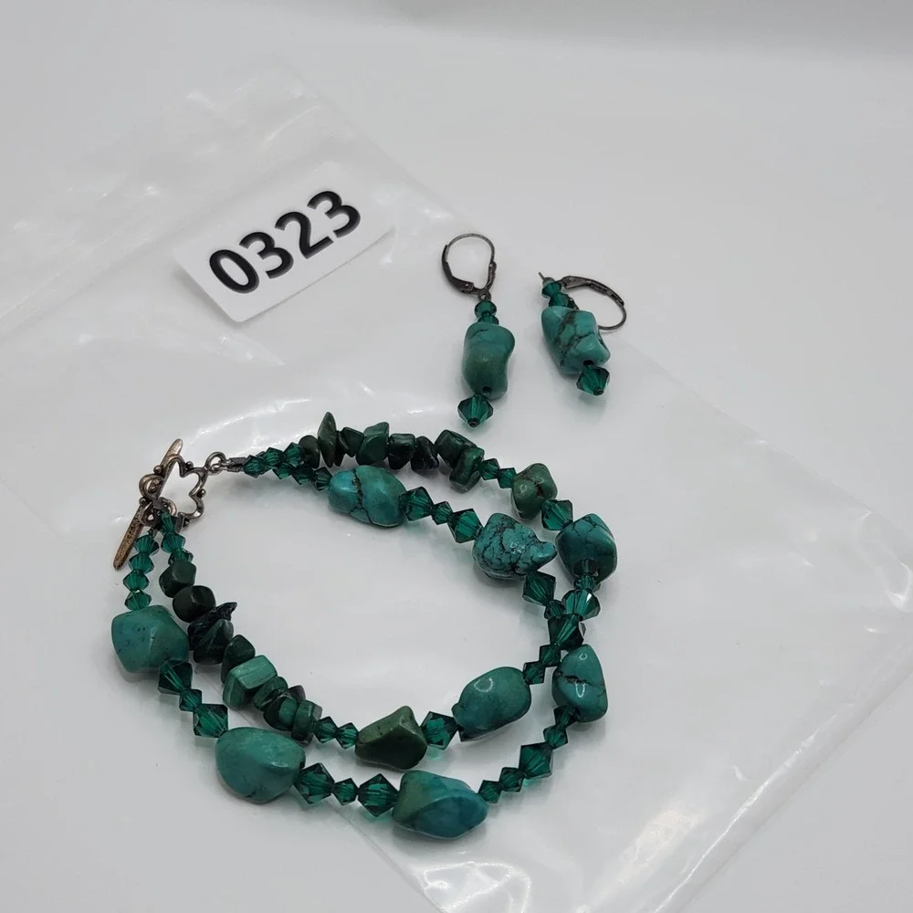 Boho‎ Turquoise Malachite 925 Sterling Silver Bracelet Earrings Set Green Glass